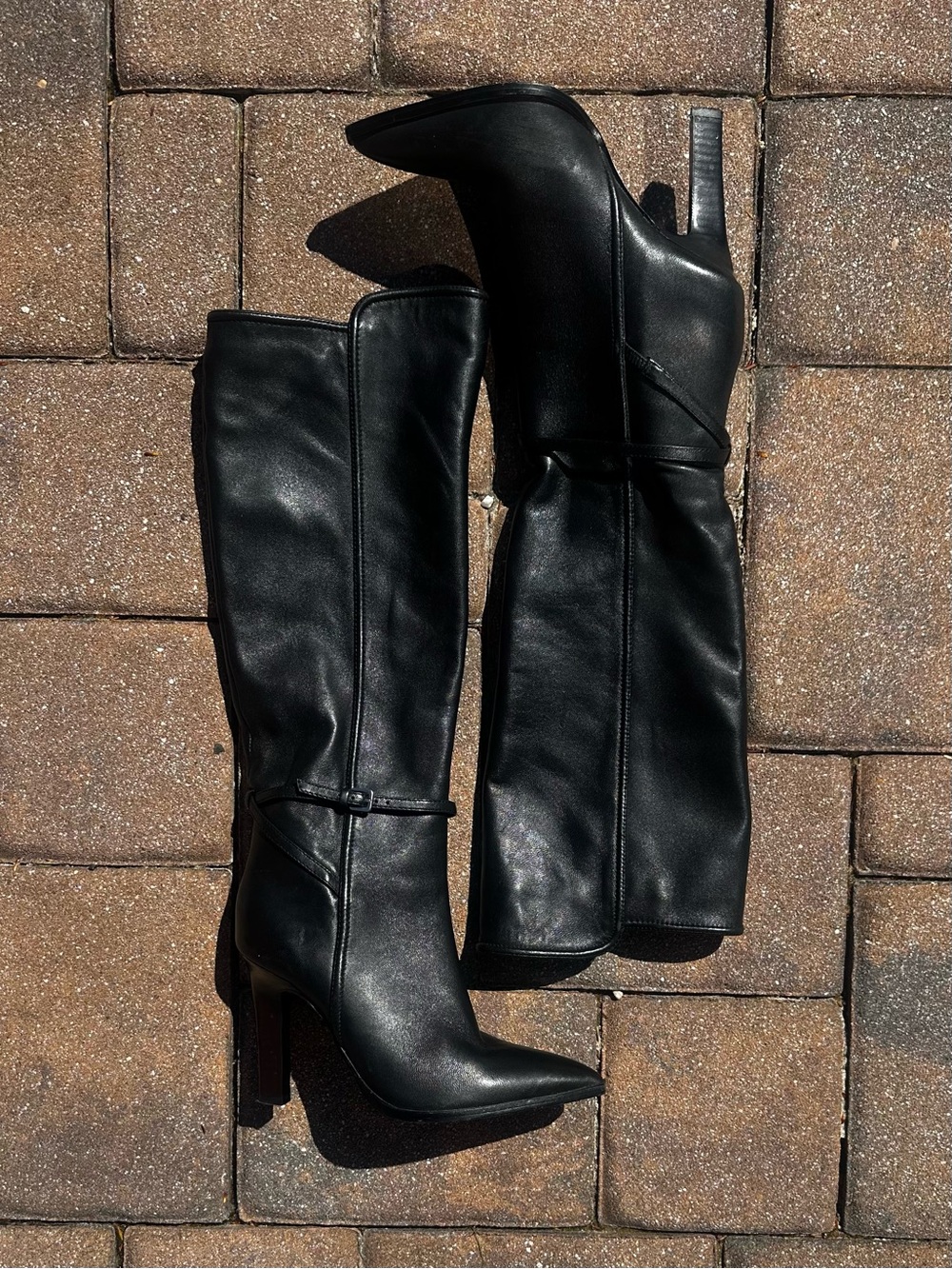 Reiss Black Tall Pointed Toe Stacked Heel Boots